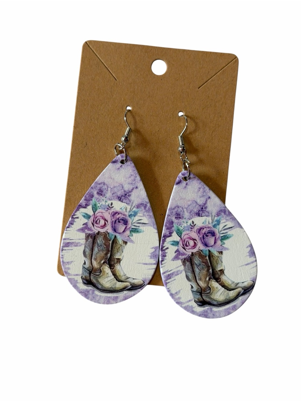 Purple Floral Cowboy Boot Teardrop Earrings - Women Jewelry
